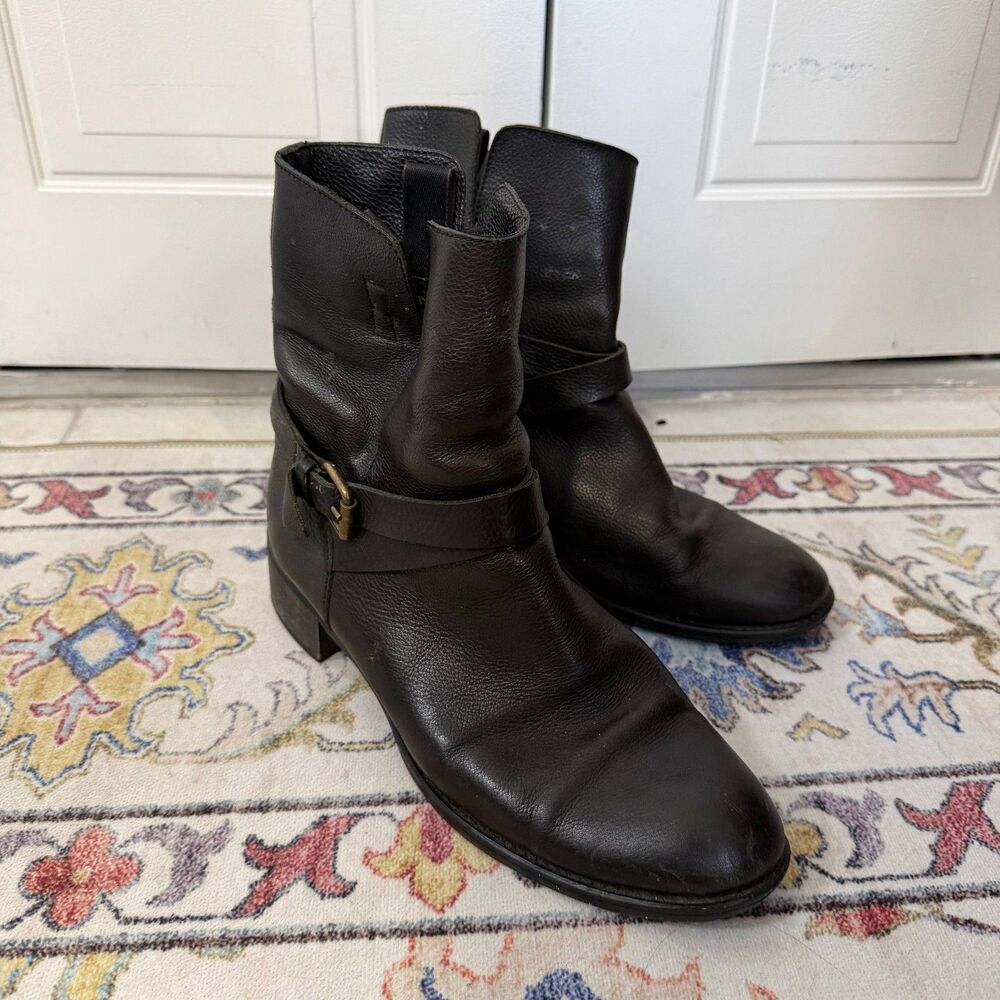 J.Crew Women’s 7.5 Black Leather Moto Biker Ankle Boots Buckle Made Romania